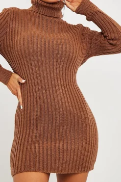 Rebellious Fashion Camel Roll Neck Knit Mini Dress - Franceska