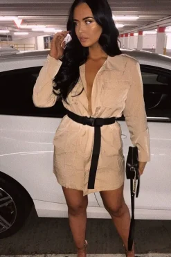 Rebellious Fashion Camel Utility Belted Zip Front Shirt Dress - Meliyah