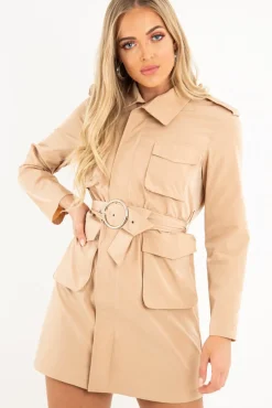 Rebellious Fashion Camel Utility Belted Zip Front Shirt Dress - Meliyah