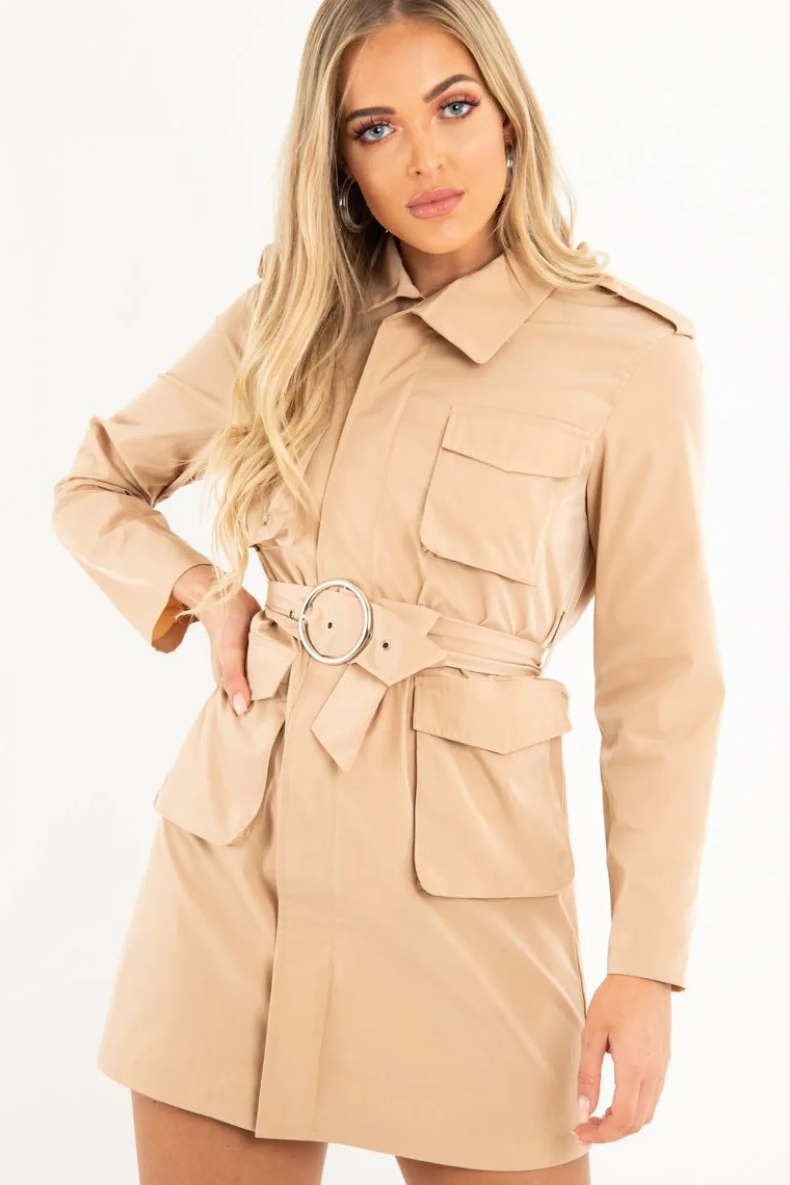 Rebellious Fashion Camel Utility Belted Zip Front Shirt Dress - Meliyah