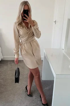 Rebellious Fashion Camel Wrap Front Shirt Dress - Nixie