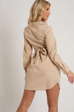 Rebellious Fashion Camel Wrap Front Shirt Dress - Nixie