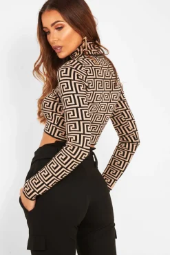 Rebellious Fashion Camel Aztec Print Fine Knit Crop Jumper - Harlen