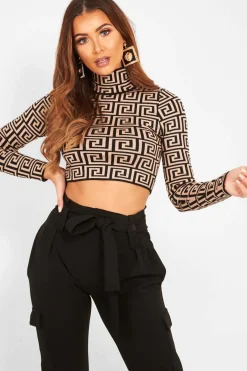 Rebellious Fashion Camel Aztec Print Fine Knit Crop Jumper - Harlen