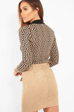 Rebellious Fashion Camel Aztec Print High Neck Jumper - Lola