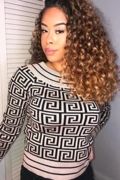Rebellious Fashion Camel Aztec Print Rib Detail Crop Jumper - Khaila