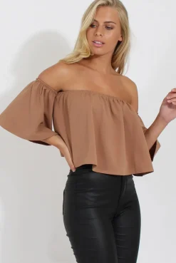 Rebellious Fashion Camel Bardot Crop Top - Bryony