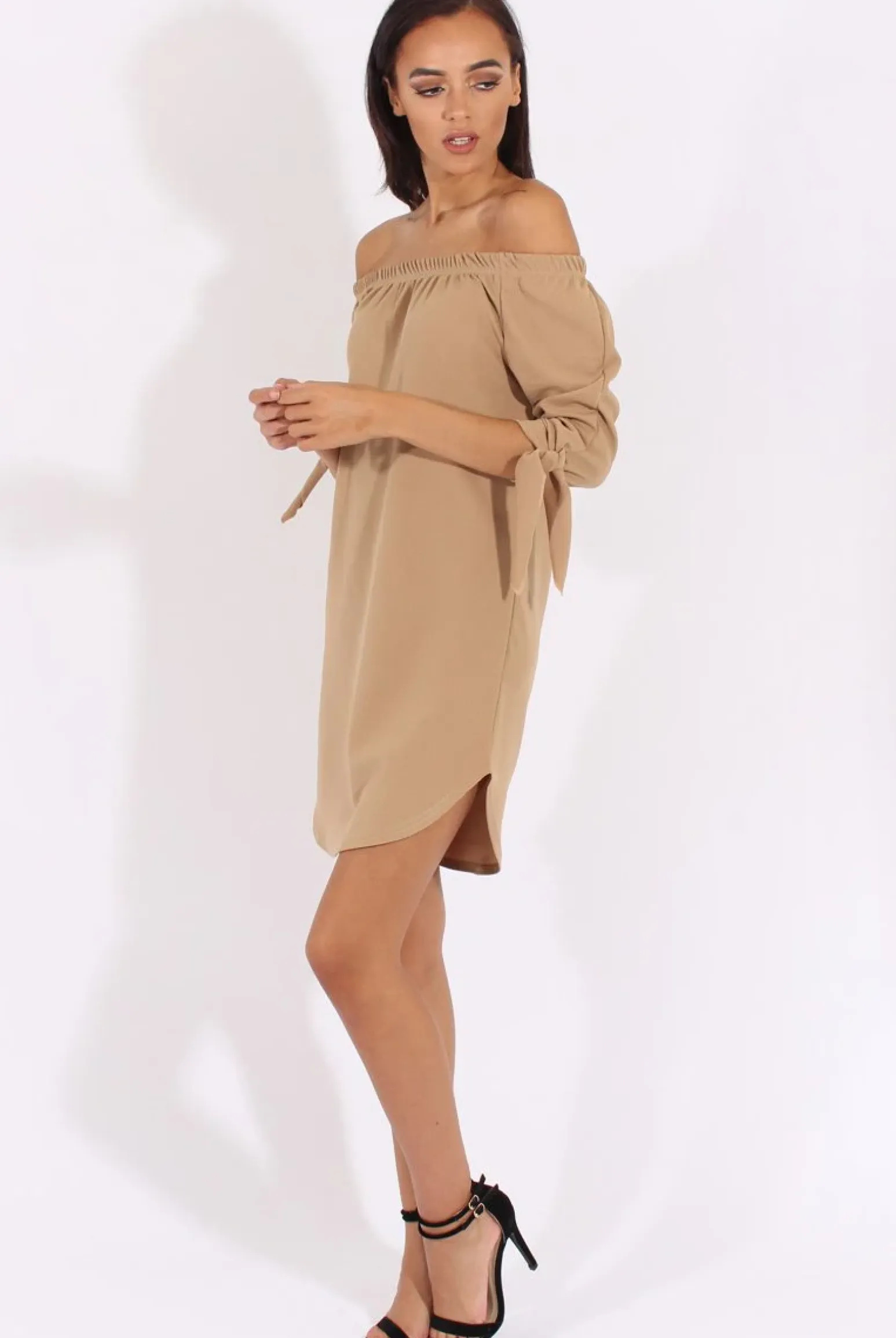 Rebellious Fashion Camel Bardot Tie Cuffs Dress - Whitney