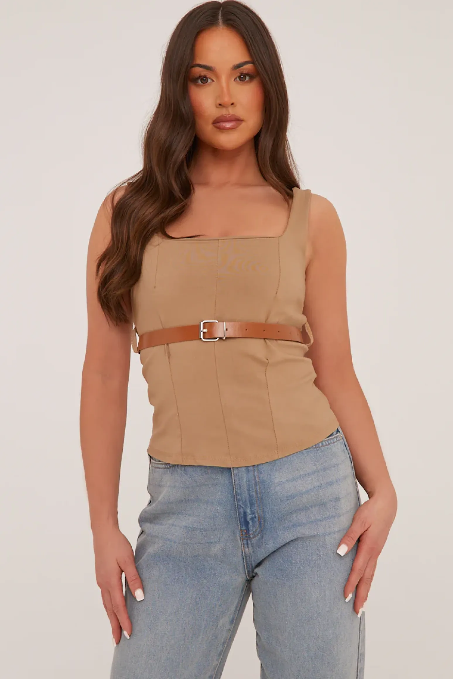 Rebellious Fashion Camel Belt Detail Square Neck Sleeveless Top - Lucee