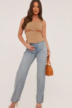 Rebellious Fashion Camel Belt Detail Square Neck Sleeveless Top - Lucee