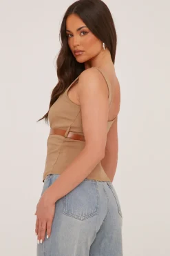 Rebellious Fashion Camel Belt Detail Square Neck Sleeveless Top - Lucee