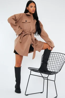 Rebellious Fashion Camel Belted Pocket Front Shacket - Stella
