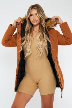 Rebellious Fashion Camel Black Reversible Fur Hood Parka Jacket - Cambri
