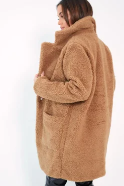 Rebellious Fashion Camel Borg Longline Oversized Coat - Acadia
