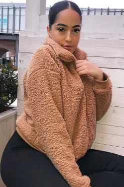 Rebellious Fashion Camel Borg Zip Front Jacket - Danyelle