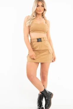Rebellious Fashion Camel Buckle Cargo Skirt and Crop Top Co-ord - Naliyah