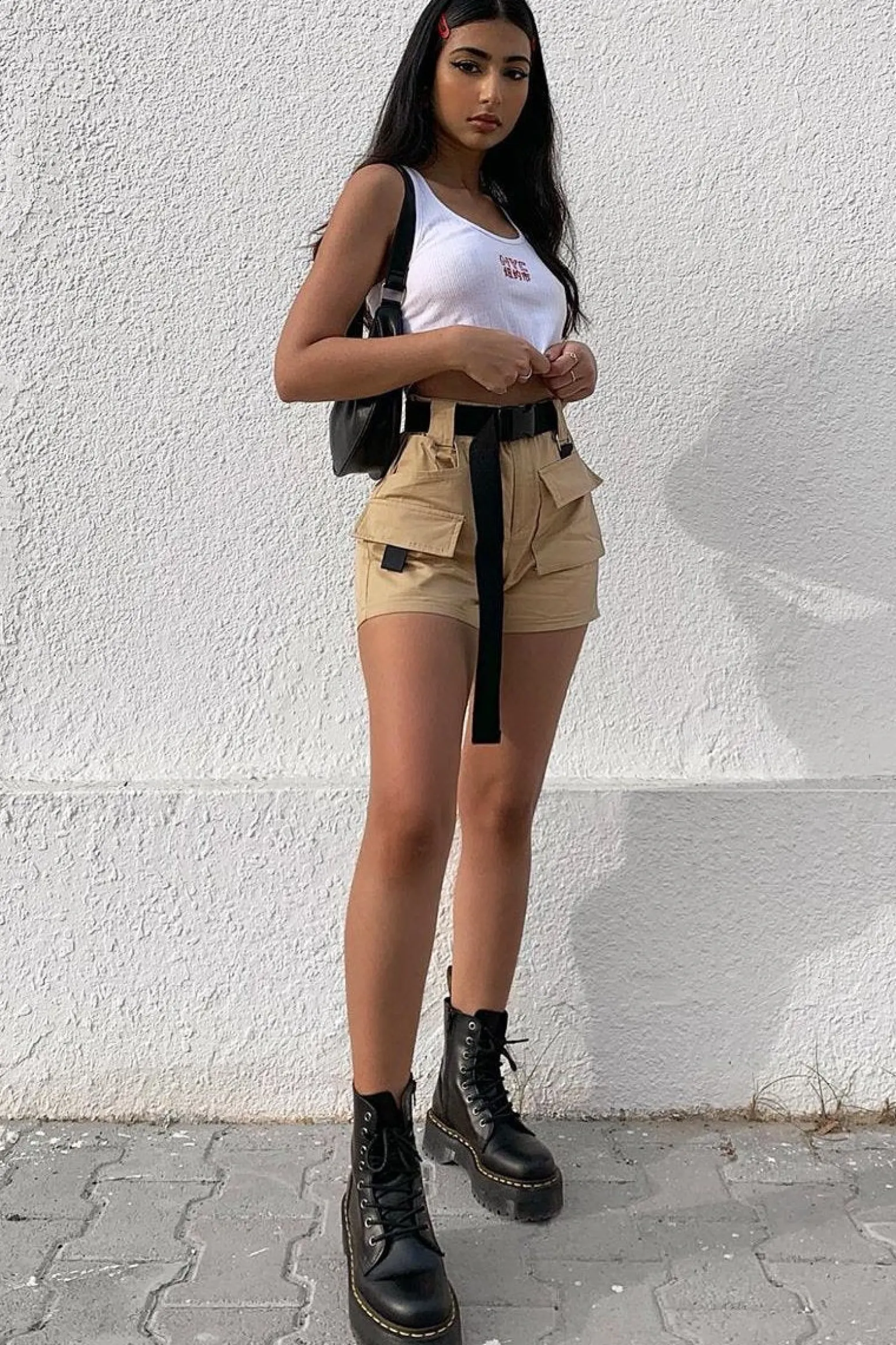 Rebellious Fashion Camel Buckle Front Woven Utility Shorts - Minh