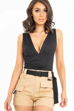 Rebellious Fashion Camel Buckle Front Woven Utility Shorts - Minh