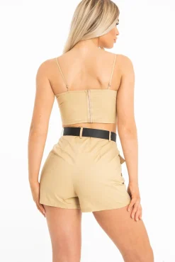 Rebellious Fashion Camel Buckle Utility Crop Top and Shorts Co-ord - Juri
