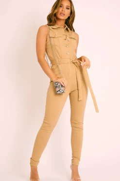 Rebellious Fashion Camel Button Front Sleeveless Jumpsuit - Faven