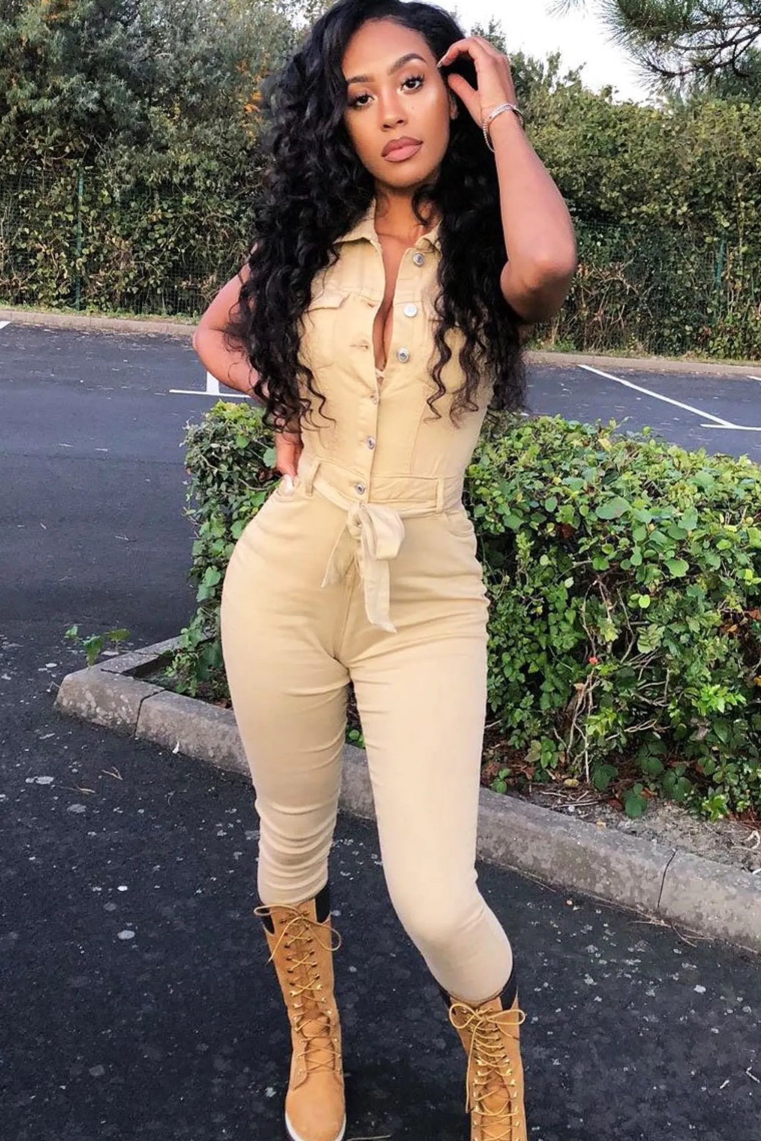 Rebellious Fashion Camel Button Front Sleeveless Jumpsuit - Faven