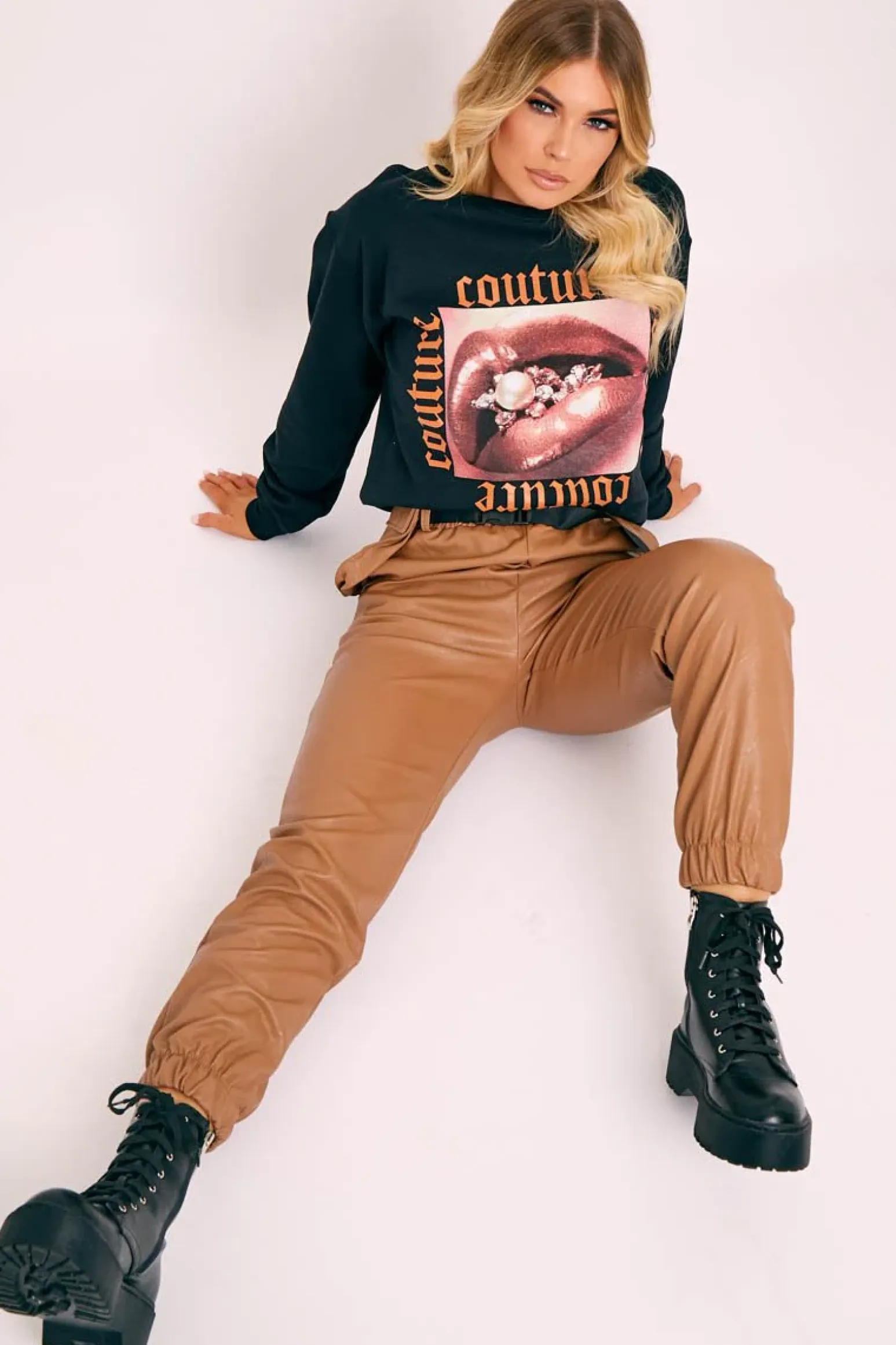 Rebellious Fashion Camel Cargo Pouch Belted PU Joggers - Mishka