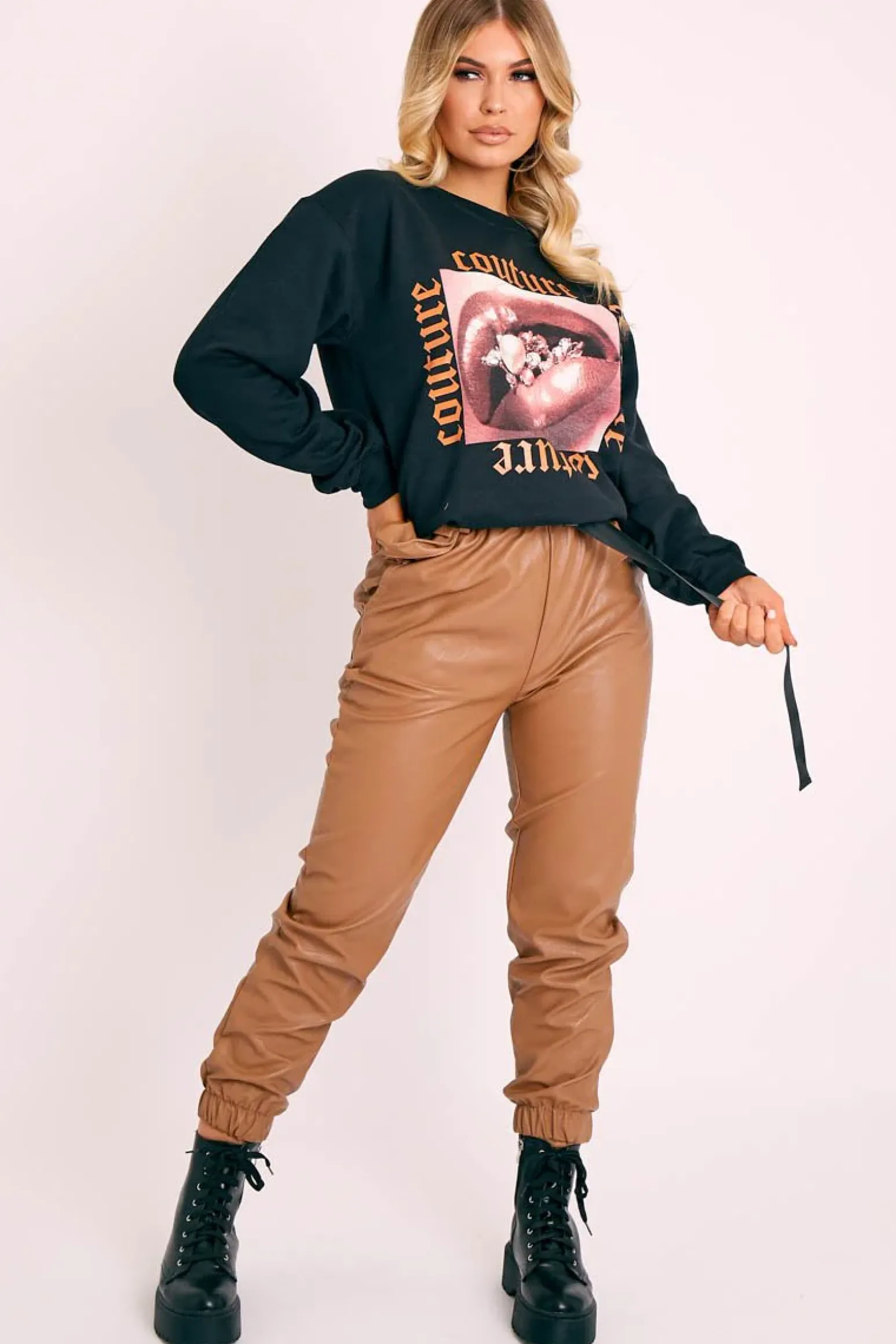 Rebellious Fashion Camel Cargo Pouch Belted PU Joggers - Mishka