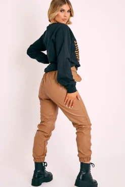 Rebellious Fashion Camel Cargo Pouch Belted PU Joggers - Mishka