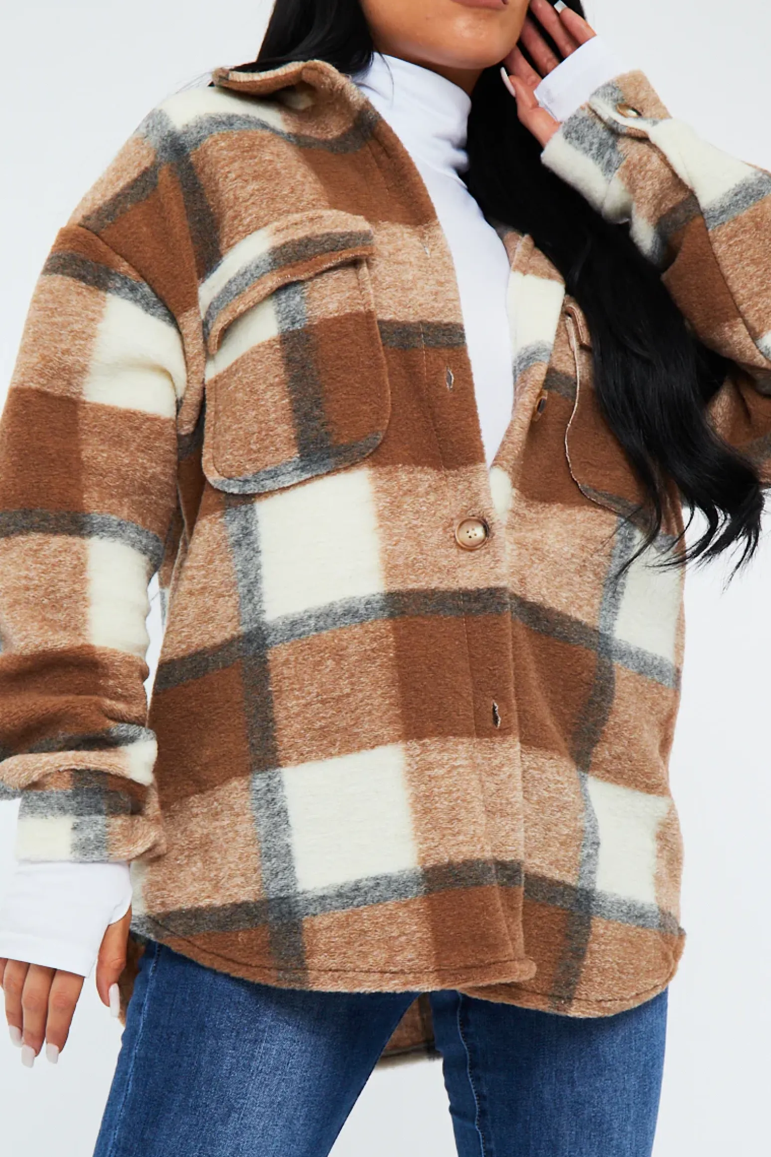 Rebellious Fashion Camel Checked Brushed Pocket Front Shacket - Peggy