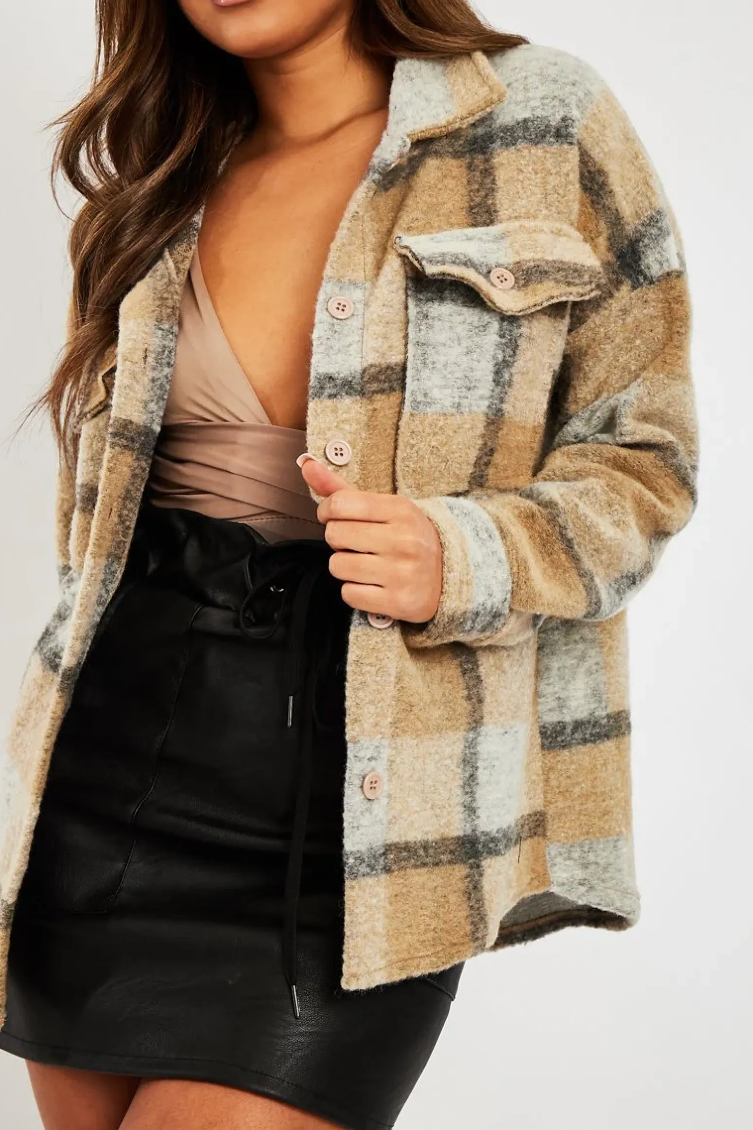 Rebellious Fashion Camel Check Oversized Wool Blend Shacket - Diora