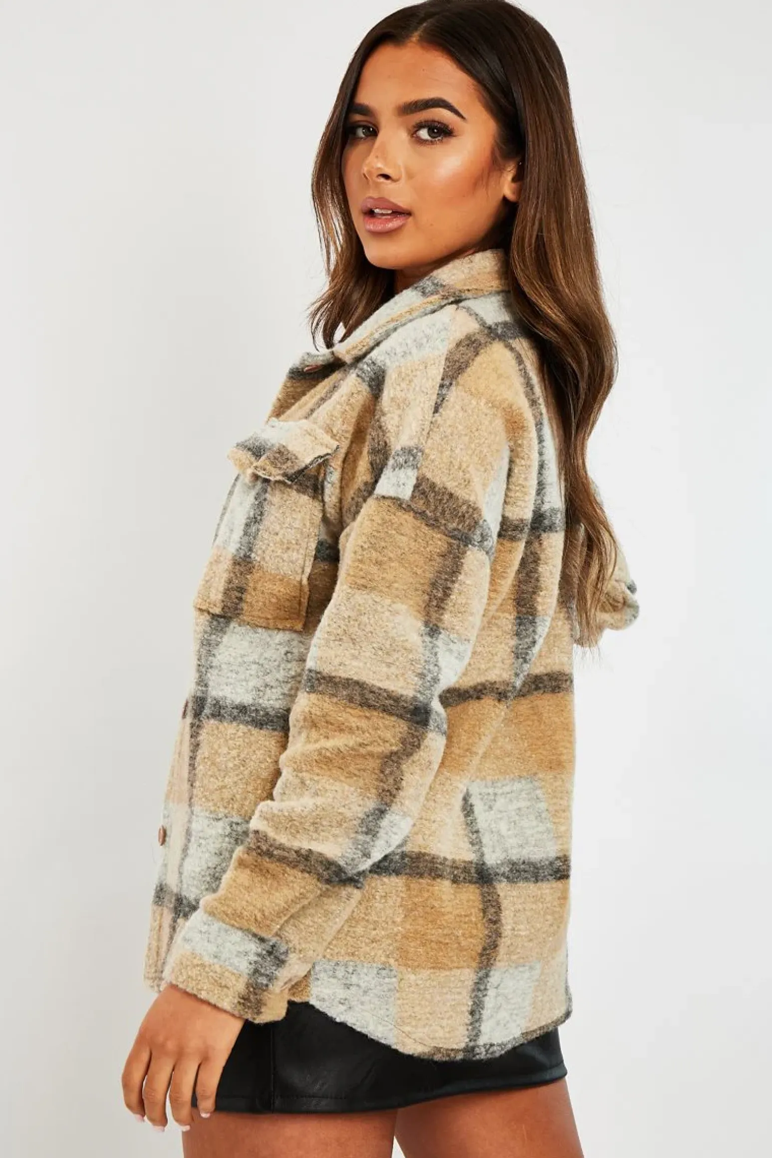 Rebellious Fashion Camel Check Oversized Wool Blend Shacket - Diora