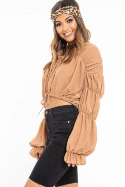 Rebellious Fashion Camel Chiffon Balloon Sleeve Crop Tie Front Blouse - Amelia