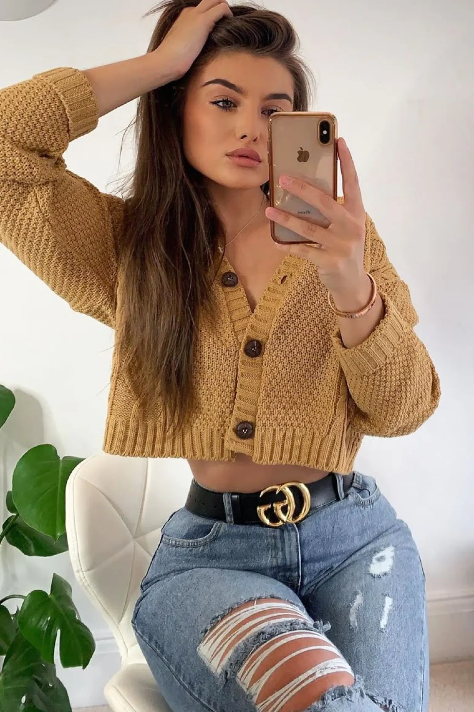 Rebellious Fashion Camel Chunky Knit Button Up Crop Cardigan - Elly
