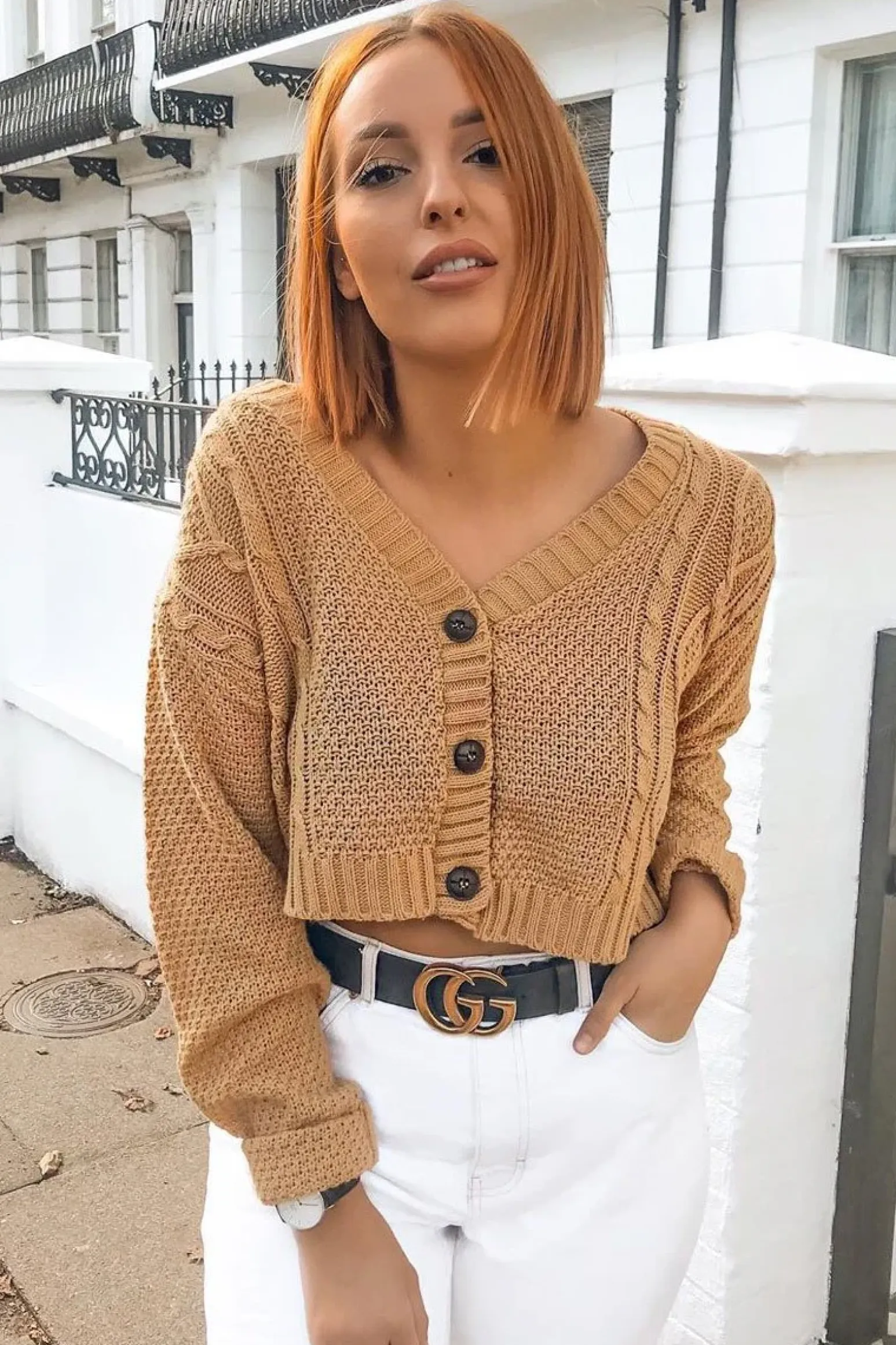 Rebellious Fashion Camel Chunky Knit Button Up Crop Cardigan - Elly