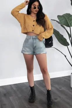 Rebellious Fashion Camel Chunky Knit Button Up Crop Cardigan - Elly
