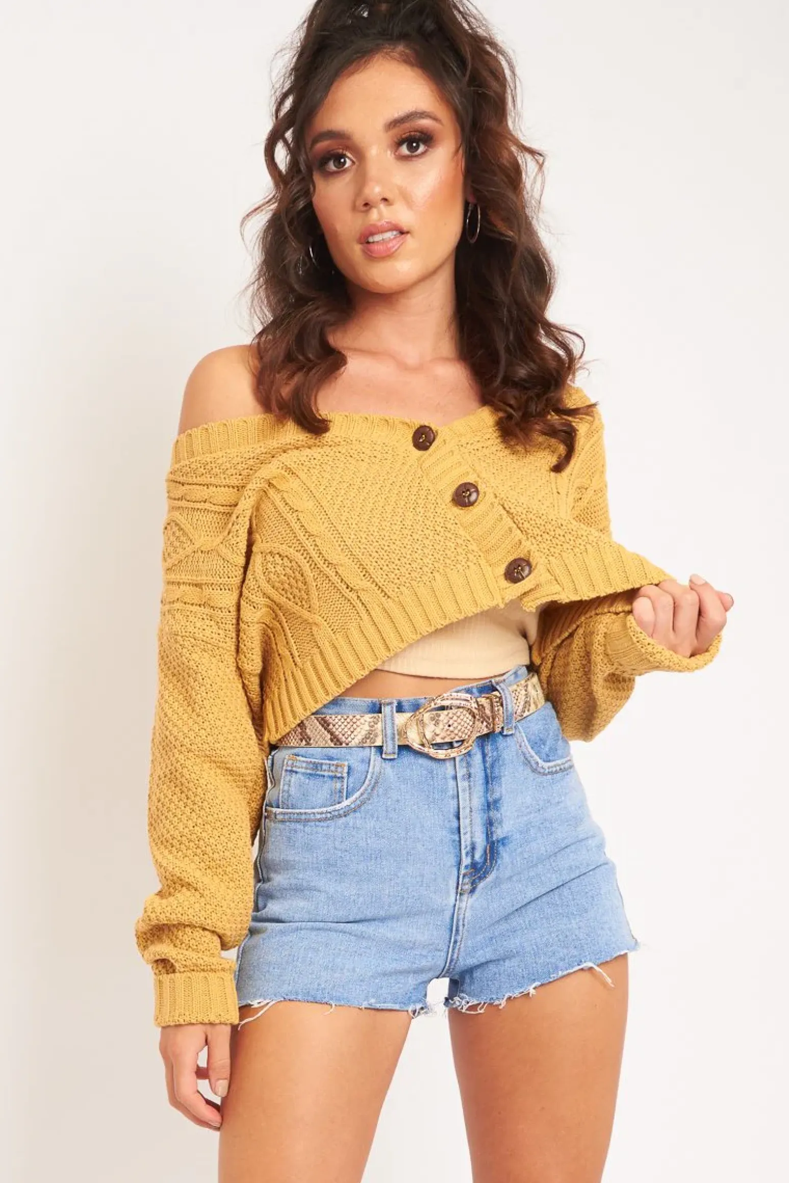 Rebellious Fashion Camel Chunky Knit Button Up Crop Cardigan - Elly
