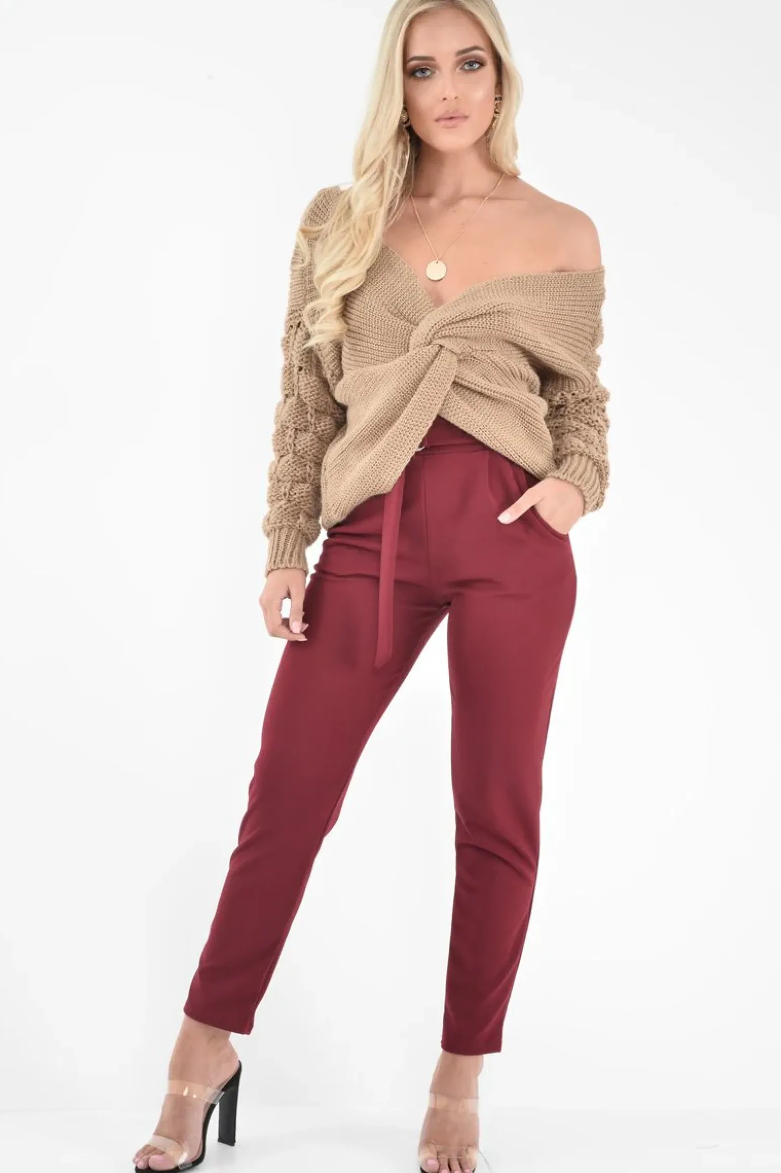 Rebellious Fashion Camel Chunky Knit Plunge Sleeve Detail Jumper - Laelle