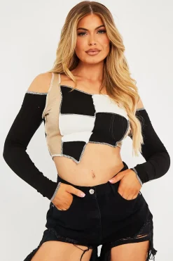 Rebellious Fashion Camel Colour Block Off Shoulder Crop Top - Lanae