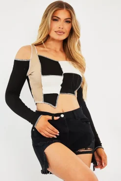 Rebellious Fashion Camel Colour Block Off Shoulder Crop Top - Lanae