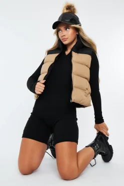 Rebellious Fashion Camel Contrast Front Puffer Gilet - Mikenzie