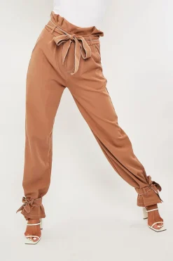 Rebellious Fashion Camel Contrast Stitch Ankle Tie Trousers - Neyla