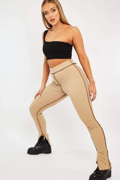 Rebellious Fashion Camel Contrast Stitch Split Hem Leggings - Ria