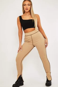 Rebellious Fashion Camel Contrast Stitch Split Hem Leggings - Ria