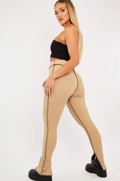 Rebellious Fashion Camel Contrast Stitch Split Hem Leggings - Ria