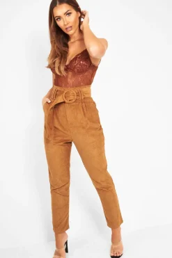 Rebellious Fashion Camel Corduroy Belted Tapered Trousers - Janelle