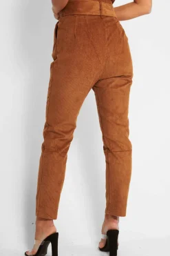 Rebellious Fashion Camel Corduroy Belted Tapered Trousers - Janelle