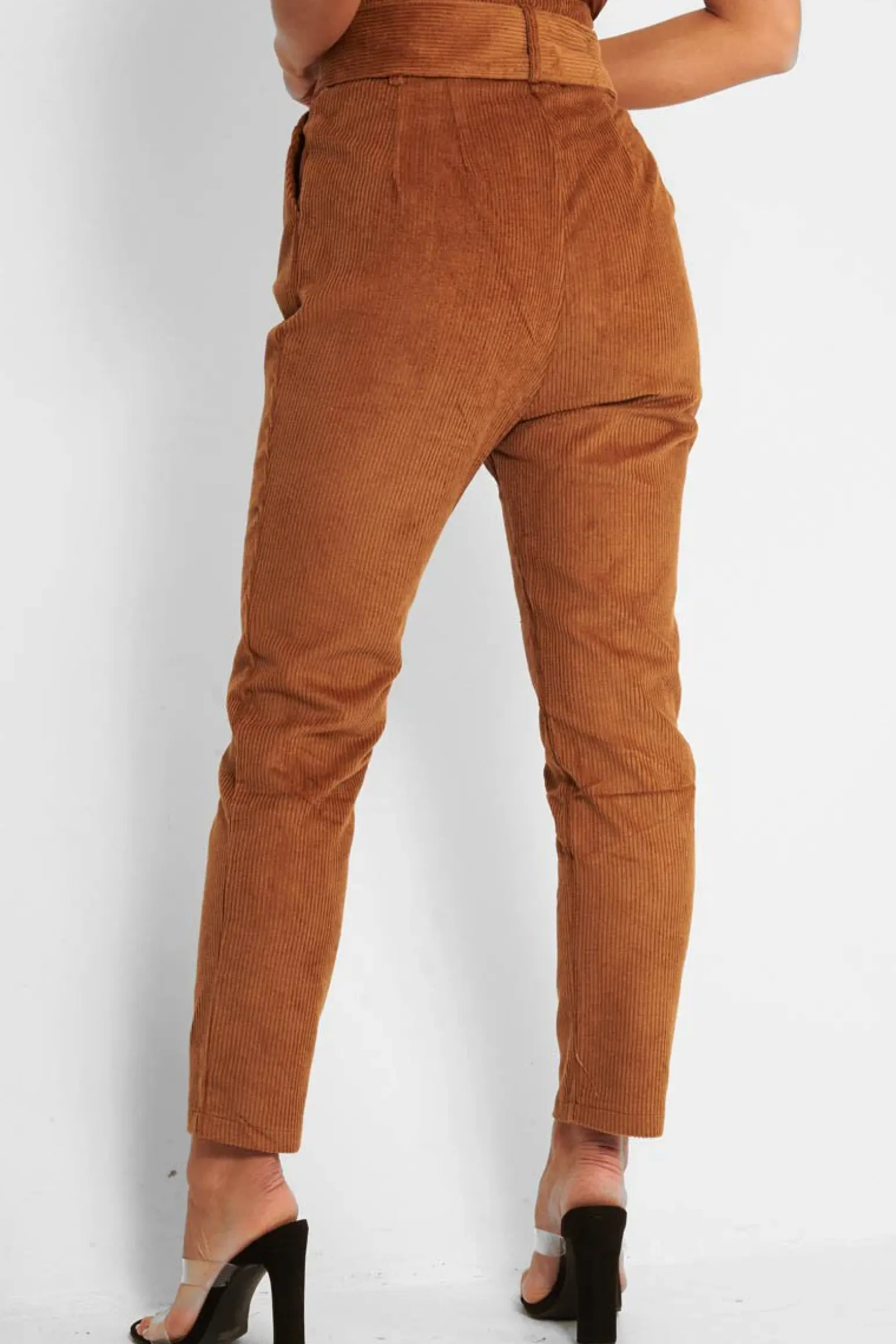 Rebellious Fashion Camel Corduroy Belted Tapered Trousers - Janelle
