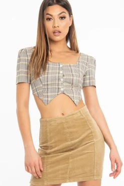 Rebellious Fashion Camel Corduroy Seam Front Mini Skirt - Sienna