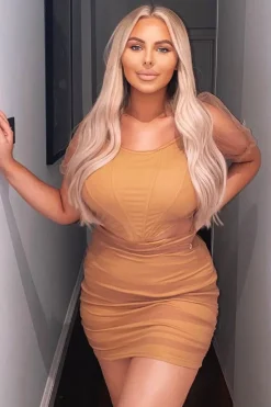Rebellious Fashion Camel Corset Bardot Crop Top + Mini Skirt Co-ord - Taira