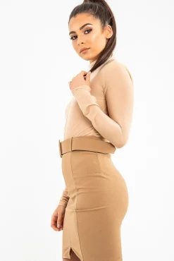 Rebellious Fashion Camel Crepe Belted Bodycon Mini Skirt - Raven